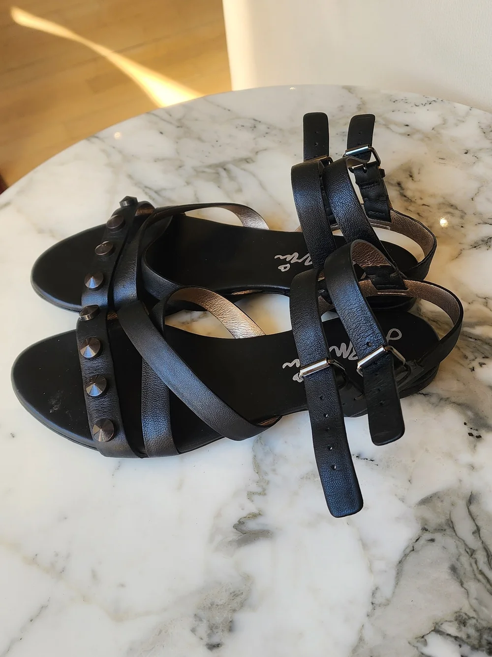 Lanvin Black Leather Studded Strappy Sandals with Ankle Buckles Size 37